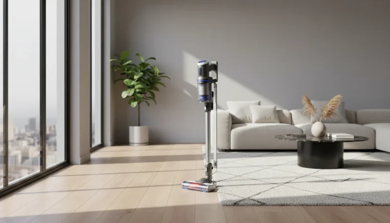 Aspirapolvere senza fili moderno in soggiorno luminoso