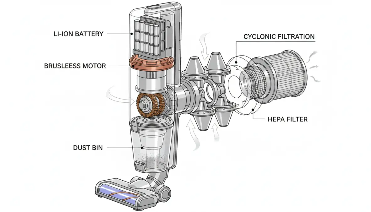 Caratteristiche tecniche aspirapolvere senza fili con batteria al litio e filtro HEPA