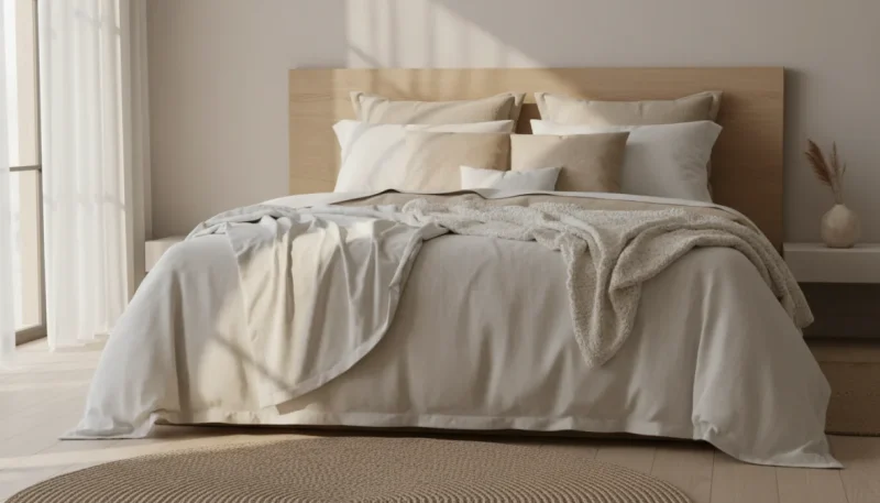 Biancheria da letto di qualità con lenzuola in cotone e federe su letto matrimoniale