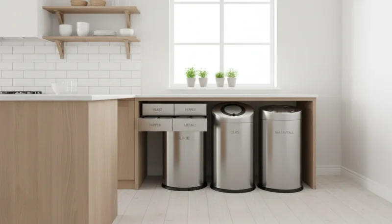 Bidoni raccolta differenziata moderni con scomparti multipli in una cucina contemporanea