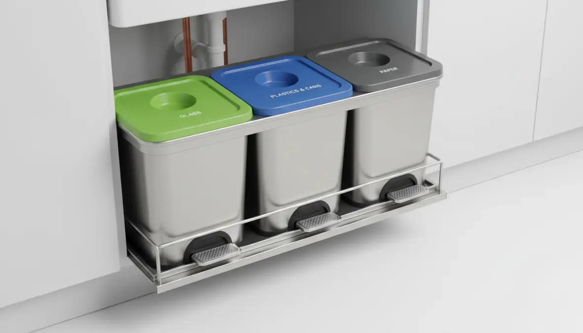Pattumiera differenziata con scomparti sotto lavello con sistema a pedale per cucina
