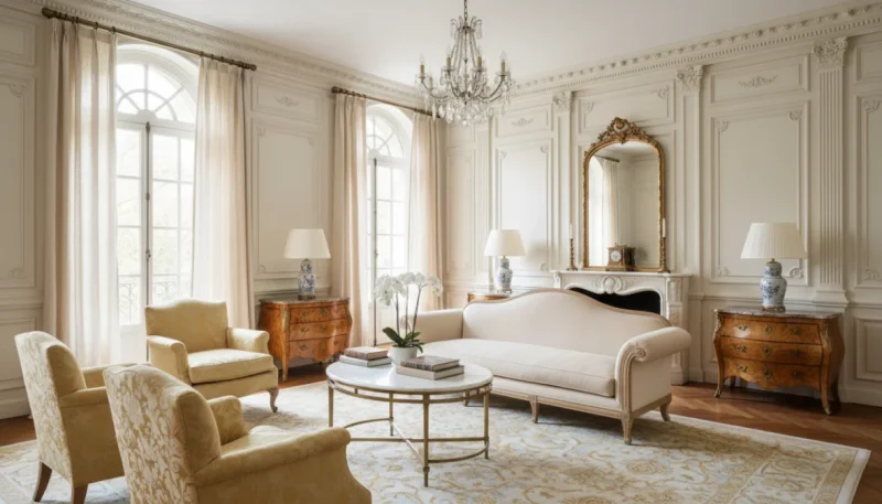 Elegante boiserie bianca classica su parete di soggiorno con pannelli decorativi in legno