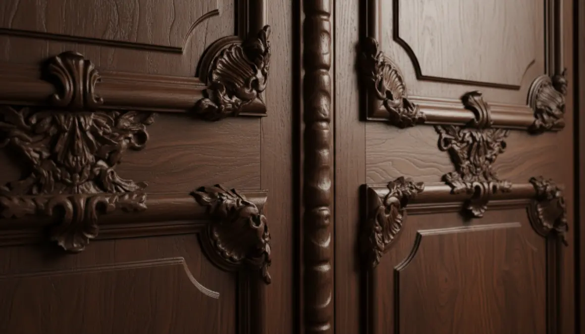 Dettaglio boiserie classica in legno di noce con modanature e lavorazioni artigianali