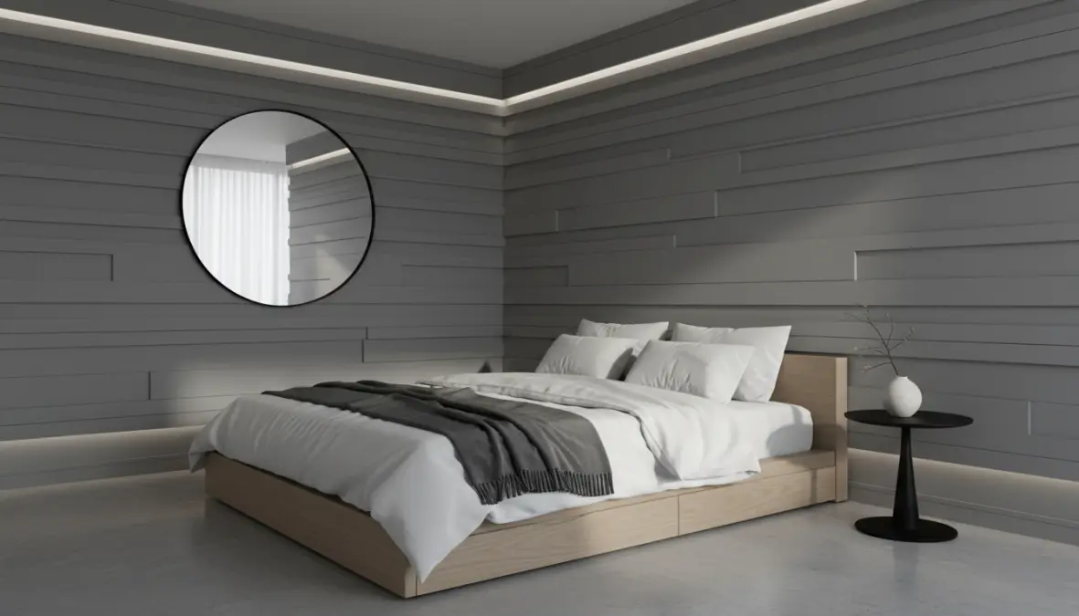 Boiserie moderna per camera da letto con pannelli murali geometrici grigi in MDF