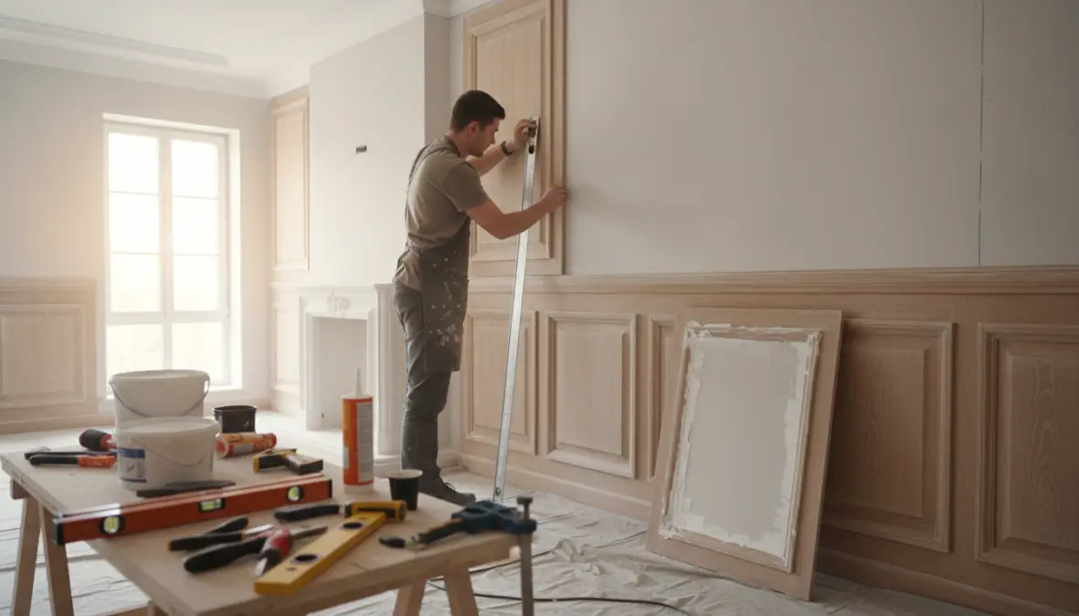 Installazione boiserie in legno su parete interna con pannelli decorativi