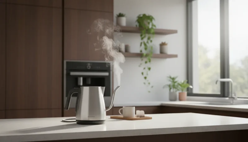 Bollitore elettrico in acciaio inox su piano cucina moderno con acqua in ebollizione