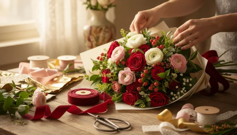 Tutorial creazione bouquet san valentino fai da te con rose rosse e materiali decorativi