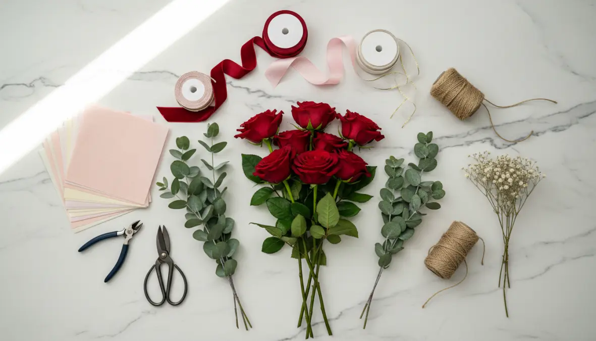 Materiali necessari per creare un bouquet san valentino fai da te con fiori freschi e nastri decorativi