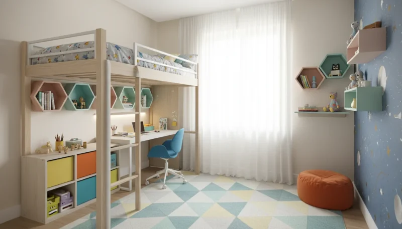 Cameretta bambini moderna con soluzioni salvaspazio e mobili funzionali