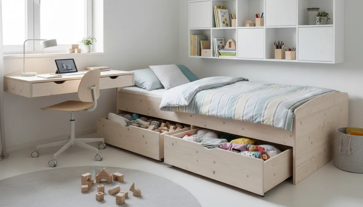 Arredamento cameretta bambini con letto con cassetti e contenitori salvaspazio