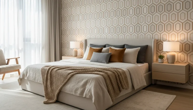 Camera da letto moderna con carta da parati decorativa dietro la testata del letto