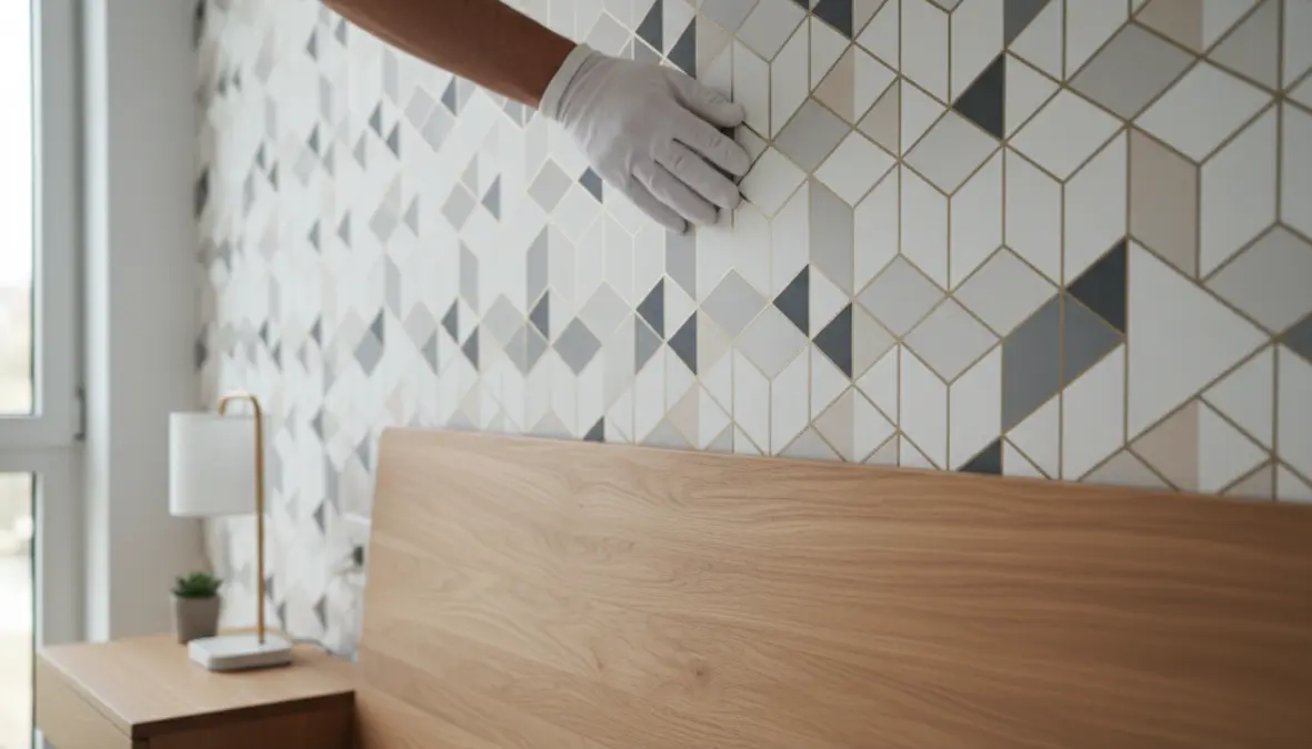 Applicazione carta da parati dietro testata letto in camera moderna