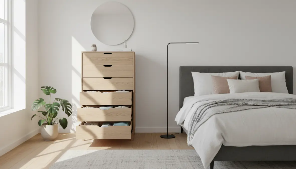 Cassettiera camera da letto con cassetti organizzati per contenitori vestiti