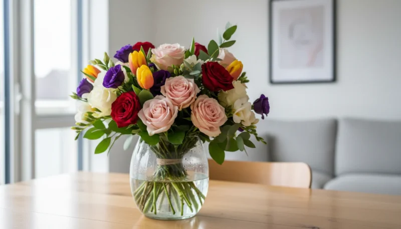 Fiori recisi freschi in vaso trasparente su tavolo, guida per conservare bouquet a lungo