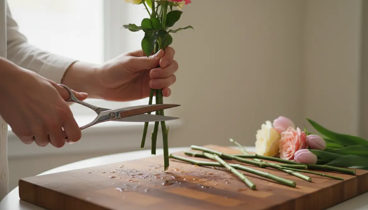 Taglio obliquo dei gambi dei fiori recisi con forbici affilate per conservare i fiori correttamente