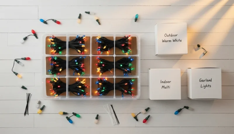 Come conservare le luci natalizie in modo ordinato con contenitori e supporti organizer