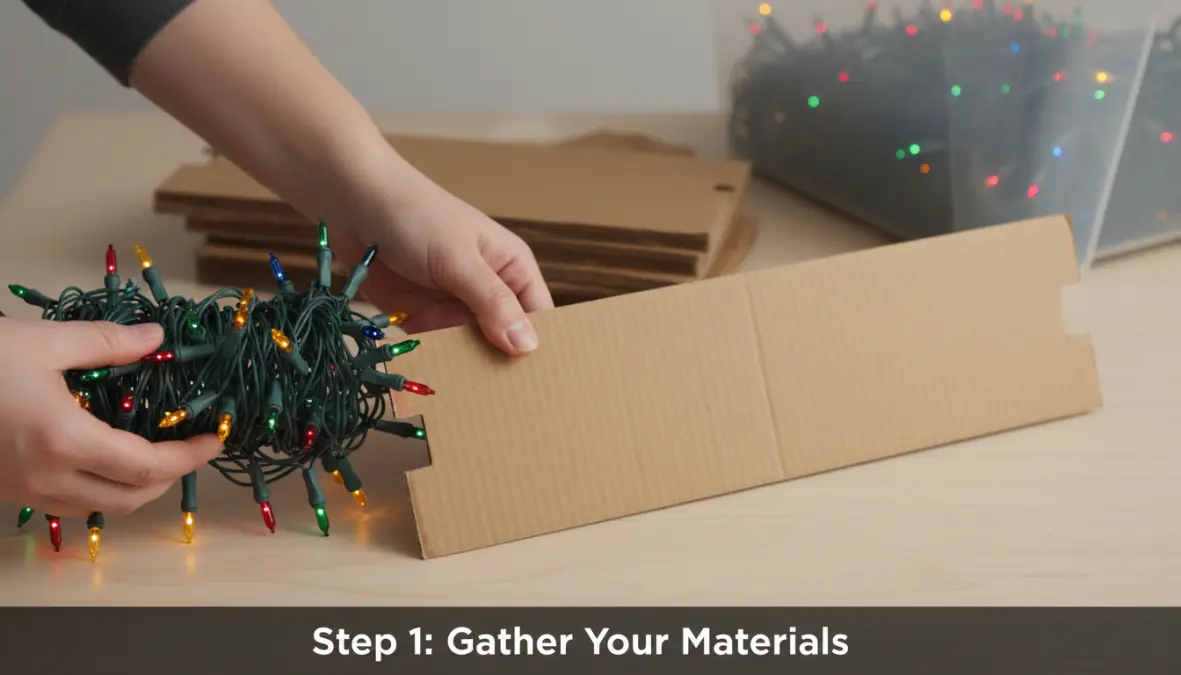 Metodo del cartone per riporre le luci dell'albero di natale senza grovigli