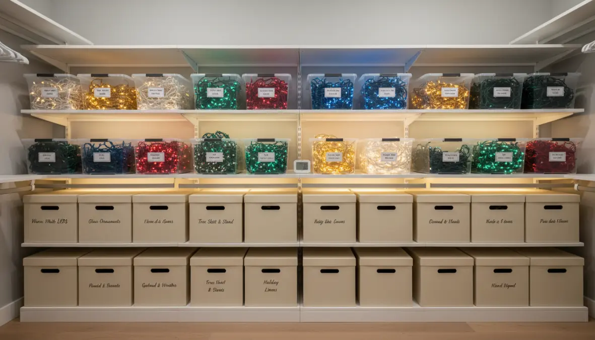 Ripostiglio organizzato per conservare decorazioni natalizie e luci in modo ottimale