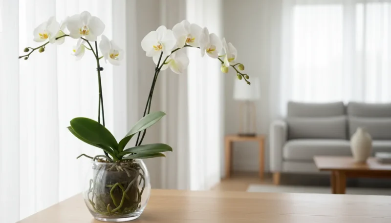 Orchidea phalaenopsis bianca in fiore posizionata vicino a una finestra luminosa in casa