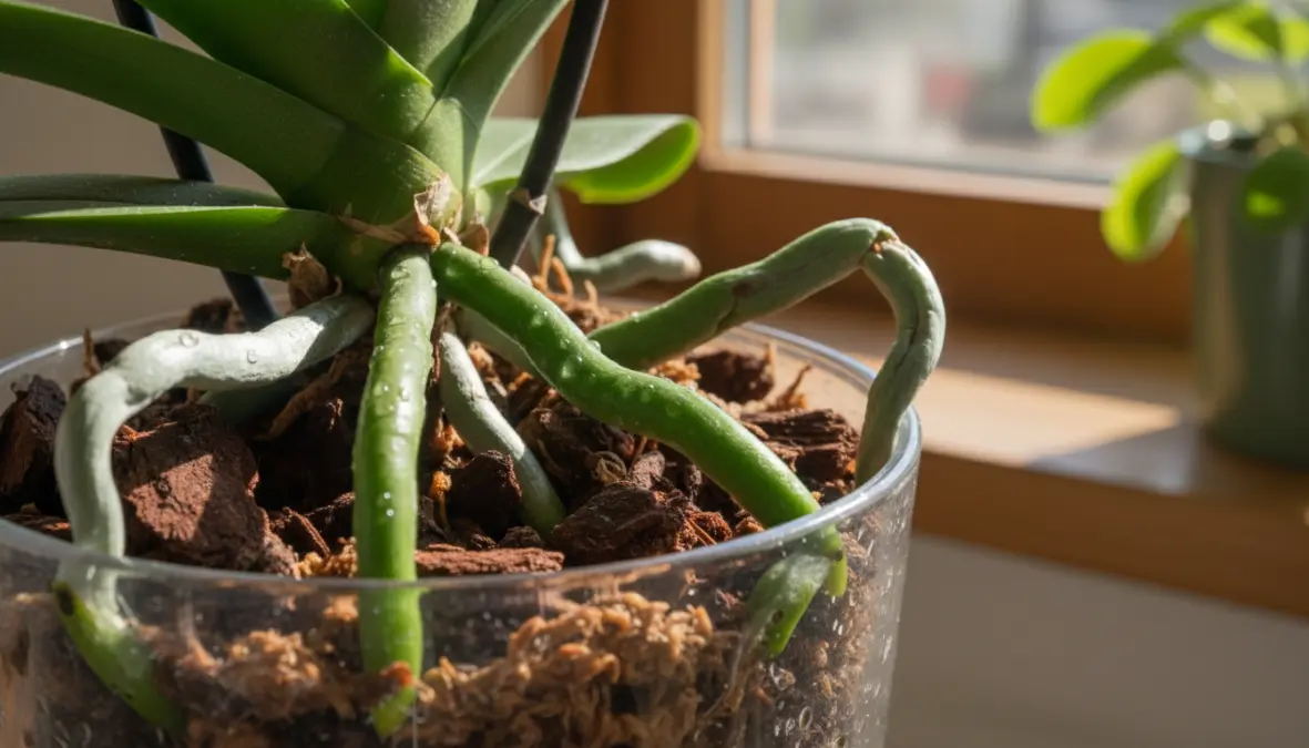 Radici aeree verdi e sane di orchidea in vaso trasparente con substrato di corteccia