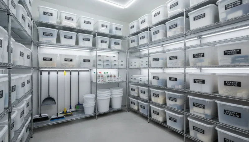 Ripostiglio ordinato con scaffali organizzati, contenitori etichettati e soluzioni salvaspazio