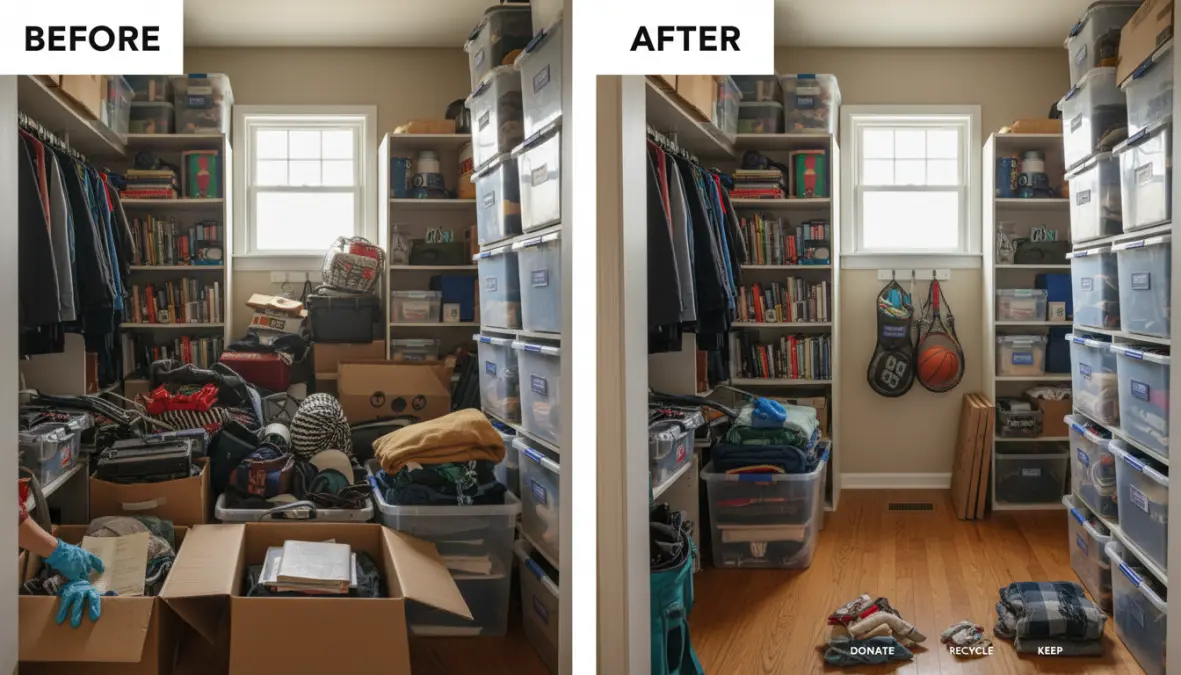 Processo di decluttering per organizzare il ripostiglio con oggetti categorizzati