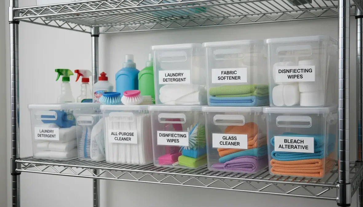 Contenitori trasparenti etichettati su scaffali per ripostiglio ordinato