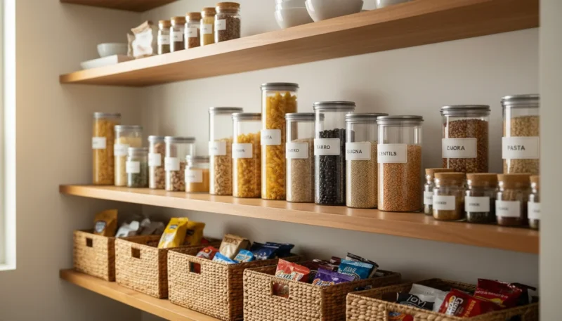 Dispensa cucina perfettamente organizzata con contenitori trasparenti e scaffali ordinati