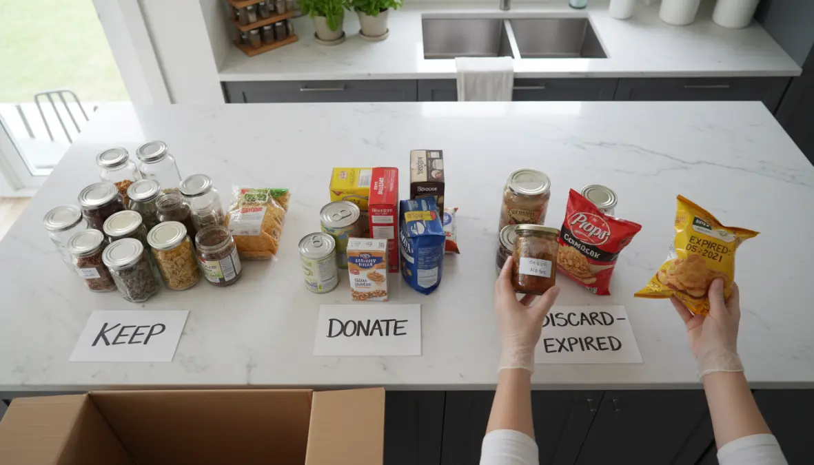 Processo di decluttering per riordinare dispensa con divisione degli alimenti