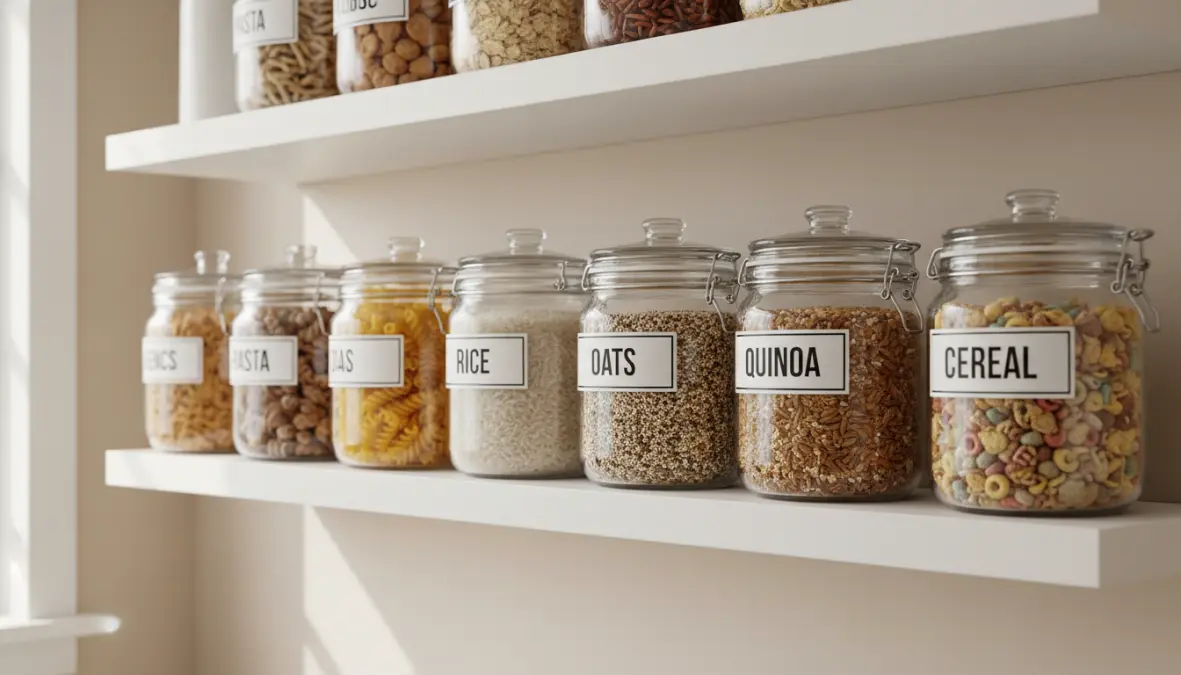 Contenitori trasparenti per organizzare dispensa con etichette alimentari