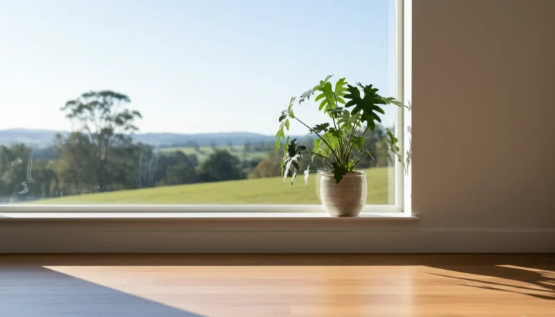 Vetri perfettamente puliti senza aloni con luce naturale che filtra attraverso finestra trasparente