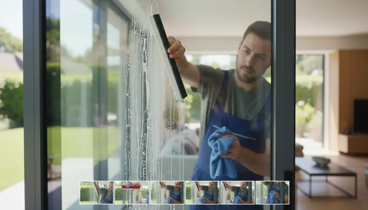 Tecnica professionale per pulire vetri senza aloni con tergivetro e panno microfibra