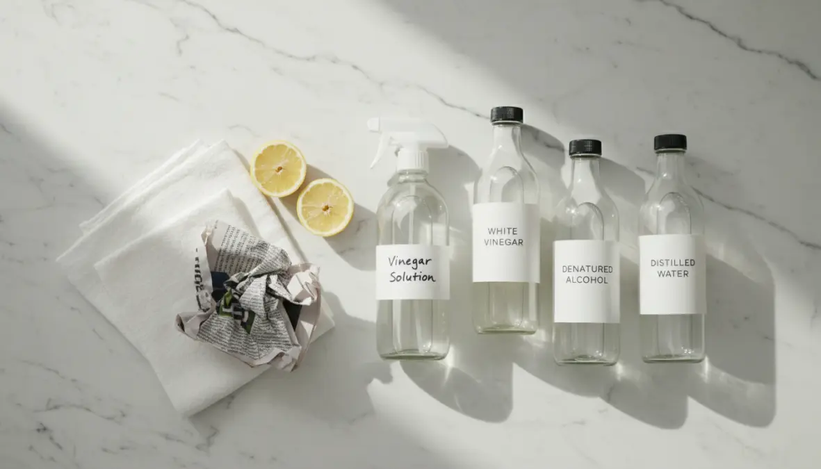 Prodotti naturali per pulire vetri: aceto bianco, alcool e panno microfibra per pulizia senza aloni