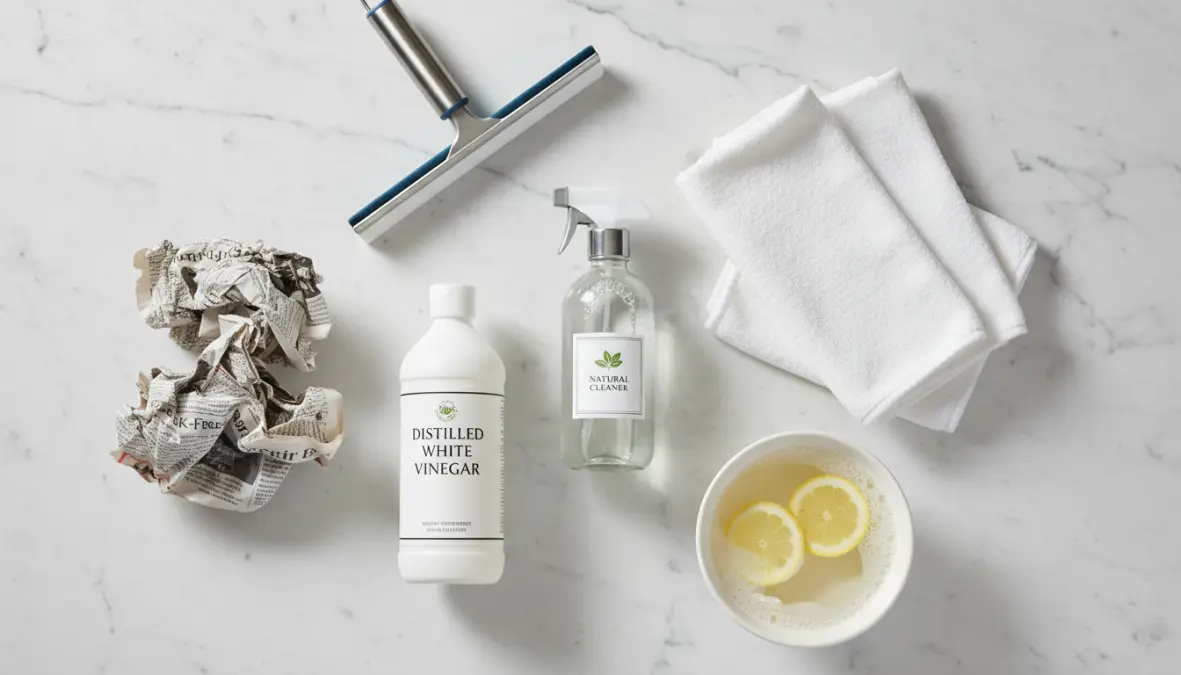 Prodotti naturali per pulire vetri: panno microfibra, aceto bianco, spruzzino e tergi vetro professionale