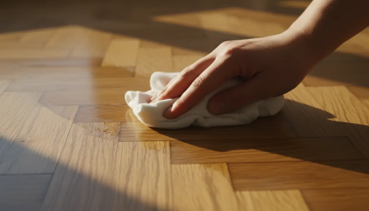 Manutenzione parquet con applicazione di olio protettivo per la cura del legno