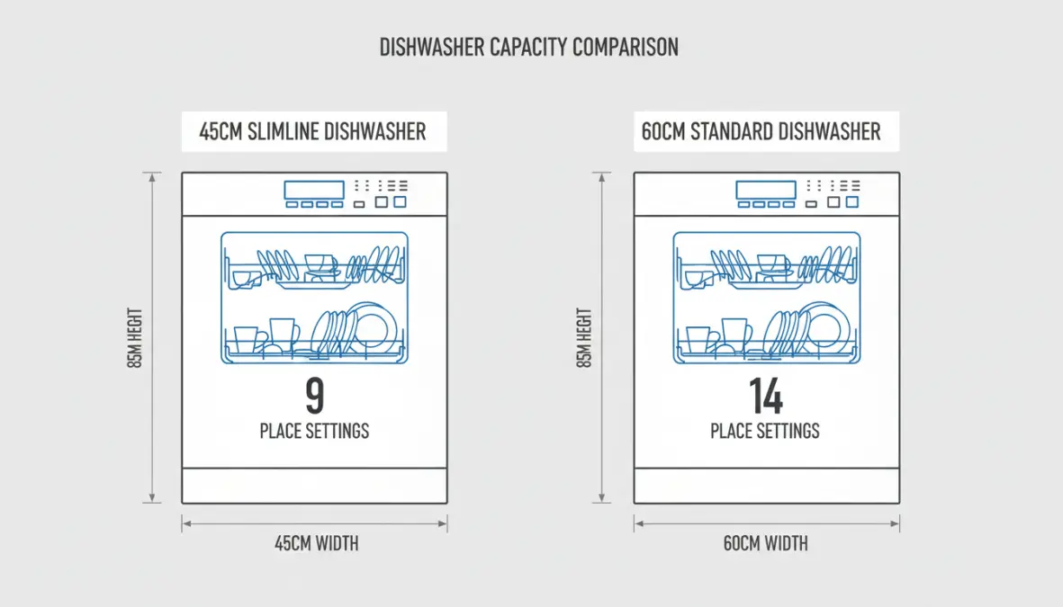 Confronto dimensioni lavastoviglie slim e standard con capacità in coperti