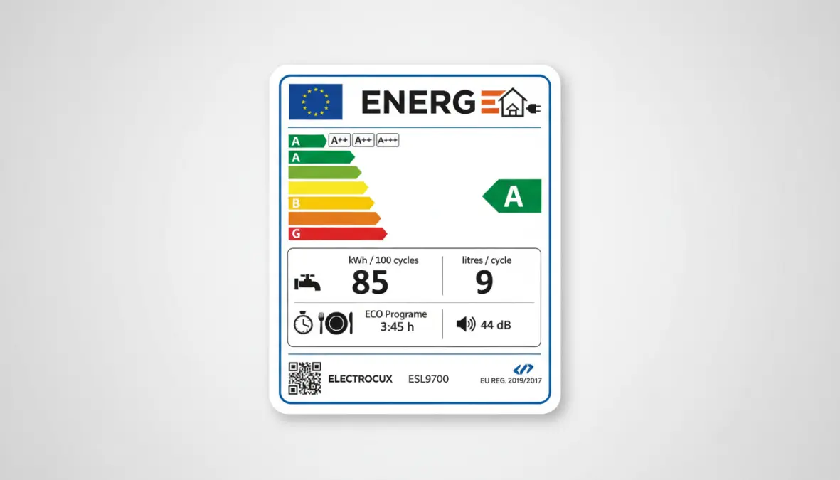 Etichetta energetica europea per lavastoviglie con classe di efficienza