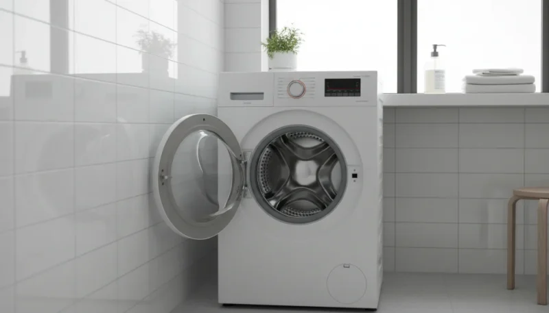 Come scegliere lavatrice moderna con oblò aperto in lavanderia luminosa