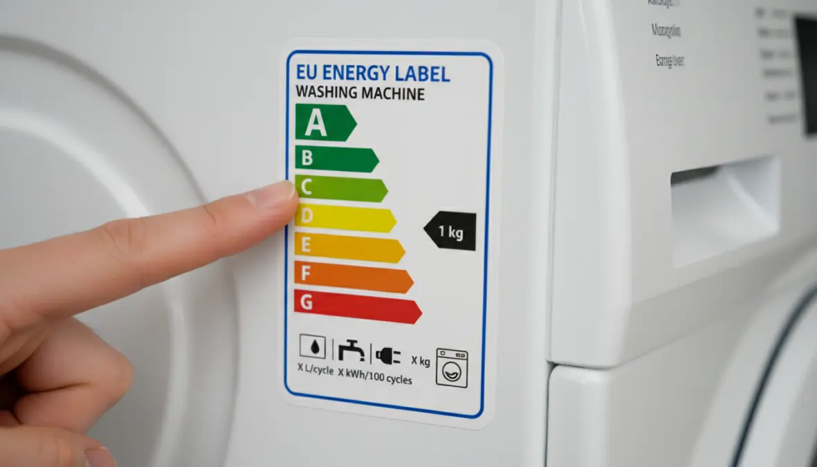Etichetta classe energetica lavatrice con consumo energetico e risparmio idrico