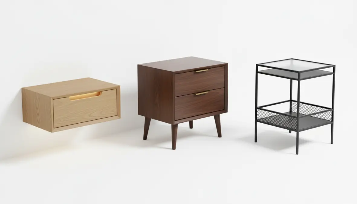 Diverse tipologie di comodini moderni: sospesi, in legno e design con cassetti