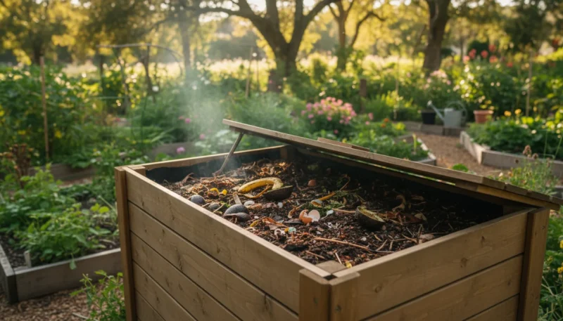 Compostiera domestica in legno in giardino con compost maturo e rifiuti organici