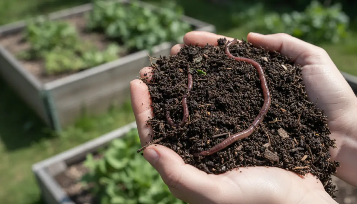 Compost maturo e humus pronto all'uso con lombrichi per fertilizzante naturale