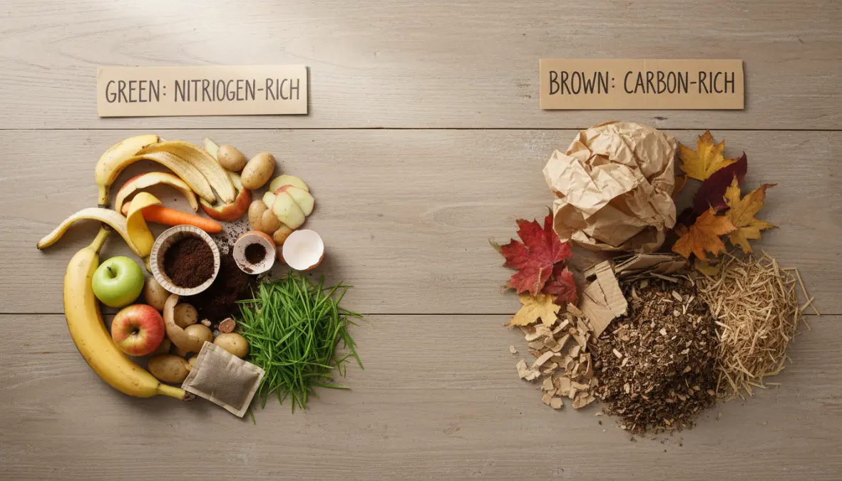 Scarti vegetali e materiali per compostiera domestica divisi tra verdi e marroni