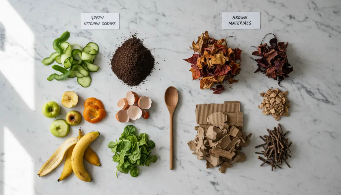 Materiali compostabili da mettere nella compostiera domestica: scarti verdi e marroni per compost fai da te