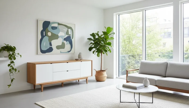 Credenza moderna in legno e laccato bianco in soggiorno contemporaneo luminoso