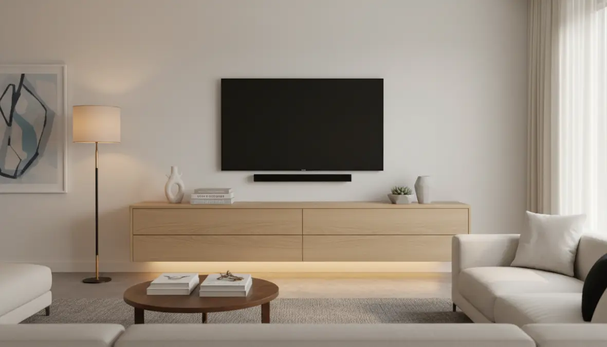 Credenza soggiorno moderno in legno chiaro posizionata lungo parete principale con decorazioni