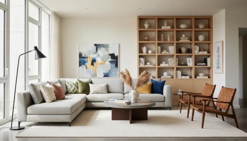 Divano moderno decorato con cuscini divano abbinati in diverse dimensioni e colori