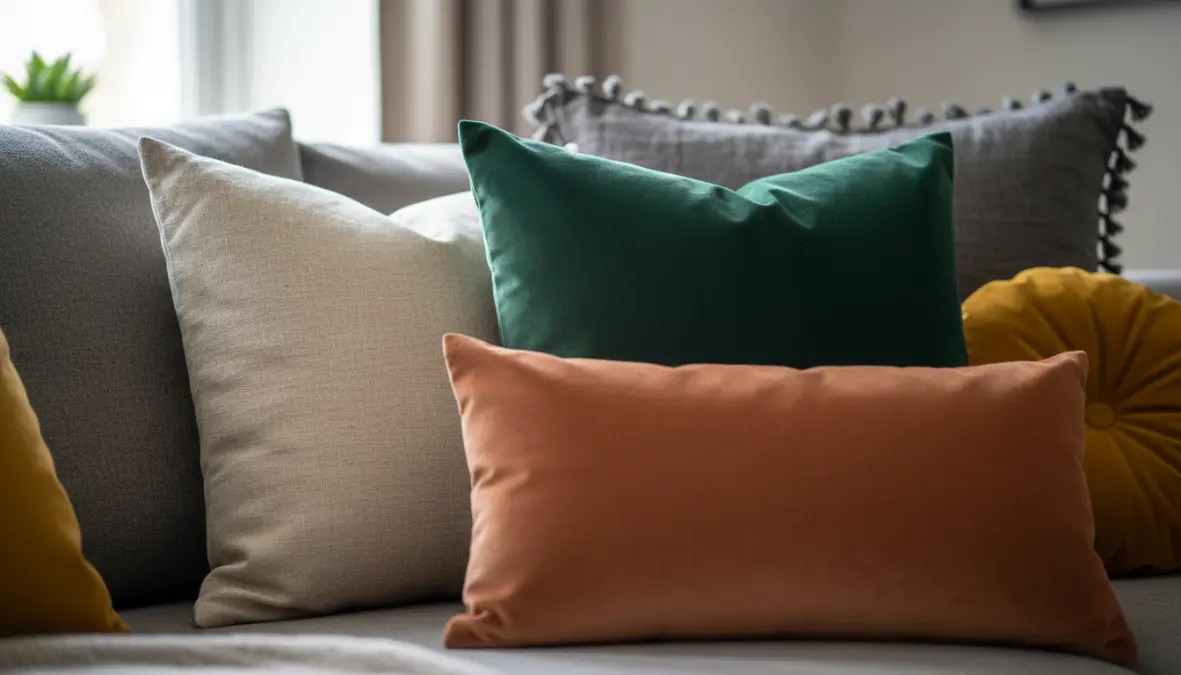 Dettaglio di cuscini decorativi divano con diverse texture e dimensioni abbinati