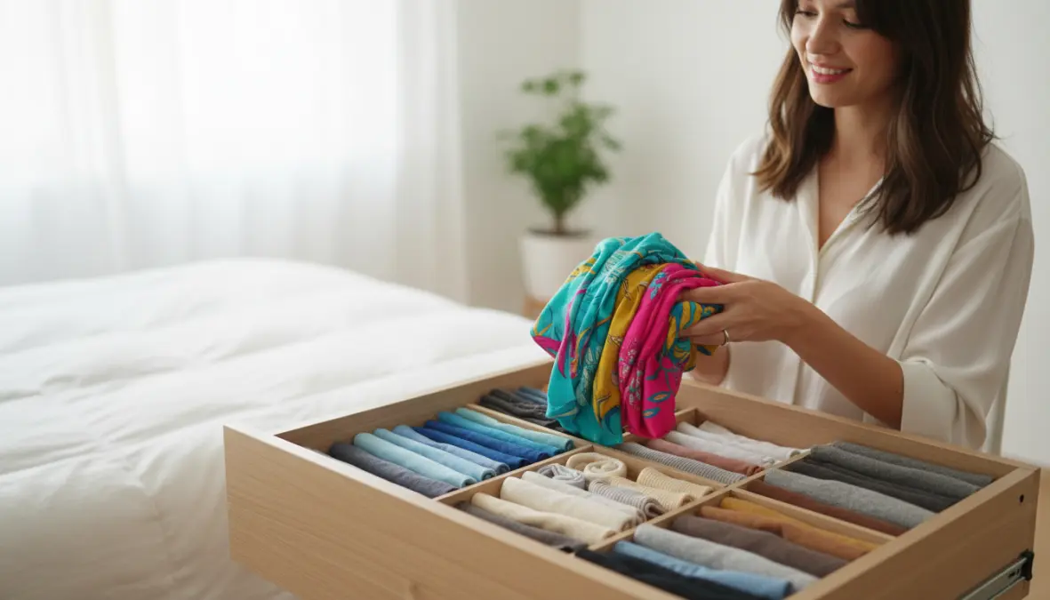 Metodo KonMari per organizzare i vestiti nell'armadio con tecnica di piegatura verticale