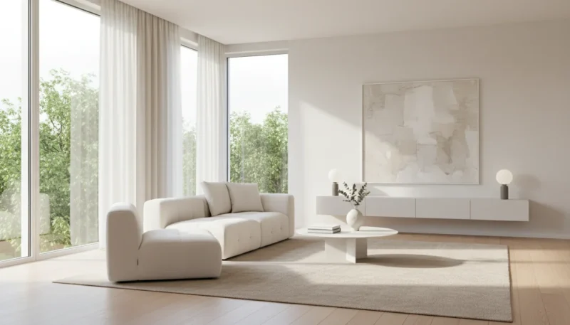 Casa ordinata con interior design minimalista dopo decluttering efficace degli spazi domestici